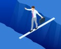 Isometric businessman tightrope walker is on the rope. Risk challenge in business, business risk, conquering adversity