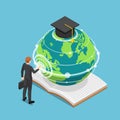 Isometric Businessman Touching Earth Globe with Graduation Cap
