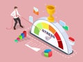 Isometric businessman turning mood meter arrow back with rope, vector illustration. Job stress and emotion regulation.