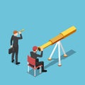 Isometric businessman use bigger telescope than his rival