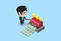 Isometric businessman use idea machine to make banknotes, idea and business concept Royalty Free Stock Photo