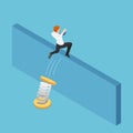 Isometric businessman use spring to jumping over the wall Royalty Free Stock Photo