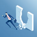 Isometric businessman and wall