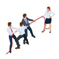 Isometric businessmen and businesswomen in suit pull the rope, competition, conflict. Tug of war and symbol of rivalry. Royalty Free Stock Photo