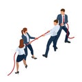 Isometric businessmen and businesswomen in suit pull the rope, competition, conflict. Tug of war and symbol of rivalry. Royalty Free Stock Photo