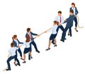 Isometric businessmen and businesswomen in suit pull the rope, competition, conflict. Tug of war and symbol of rivalry. Royalty Free Stock Photo