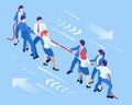 Isometric businessmen and businesswomen in suit pull the rope, competition, conflict. Tug of war and symbol of rivalry. Royalty Free Stock Photo