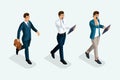 Isometric businessmen are coming forward, front view, emotions, business negotiations on the phone. The emotional gestures of the