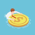 Isometric businessmen are floating on the water with rescue dollar buoy Royalty Free Stock Photo