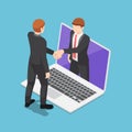 Isometric Businessmen Having Online Agreement and Shaking Hands Through Laptop Screen Royalty Free Stock Photo
