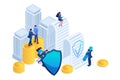 Isometric Businessmen insure their assets, investments and shares, shield. Concept for web design