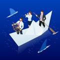 Isometric Businessmen on paper boat. Business team overcomes difficulties and risks. Visionary leading team, teamwork Royalty Free Stock Photo