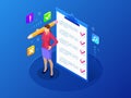 Isometric businesswoman with checklist and to do list. Clipboard with a checklist. Project management, planning and Royalty Free Stock Photo