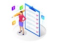Isometric businesswoman with checklist and to do list. Clipboard with a checklist. Project management, planning and Royalty Free Stock Photo