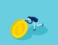 Isometric businesswoman push coin. Concept business financial isometric vector illustration, Shove, Isometric flat cartoon,