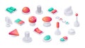 Isometric buttons. 3D toggles switches and sliders, analog control panel regulators isolated set, volume levers and