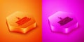 Isometric Cake with burning candles icon isolated on orange and pink background. Happy Birthday. Hexagon button. Vector Royalty Free Stock Photo