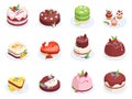 Isometric cakes. Birthday party chocolate, strawberry and vanilla cream cakes, delicious festive desserts 3d vector illustration