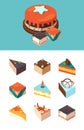 Isometric cakes. Delicious products sliced cake pieces garish vector illustrations