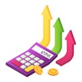 Isometric calculator with rising arrows and coins, concept of financial growth, budget planning, and income increase Royalty Free Stock Photo