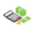 Isometric calculator with stacks of money and coins. Finances and budget planning concept. Savings and accounting vector