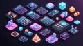Isometric Calculators and Data Icons Arranged on Dark Background for Digital Designs Royalty Free Stock Photo