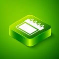 Isometric Calendar icon isolated on green background. Event reminder symbol. Green square button. Vector