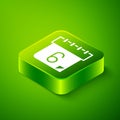 Isometric Calendar icon isolated on green background. Event reminder symbol. Green square button. Vector
