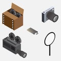 Isometric of camera, flask disk, film camera, roll film box and loop Royalty Free Stock Photo