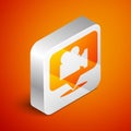 Isometric Camera and location pin icon isolated on orange background. Silver square button. Vector