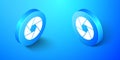 Isometric Camera shutter icon isolated on blue background. Blue circle button. Vector