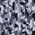 Isometric camouflage pattern background. Geometric camo repeat print. Black, grey and white colors seamless texture.