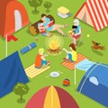 Isometric camping bonfire picnic family lifestyle