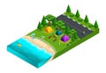 Isometric of camping, friends on vacation, fresh air, picnic, on the nature, forest, sea, beach, shore of the lake, highway, camp