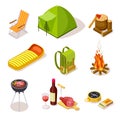 Isometric camping. Summer picnic with fireplace, tourism equipment and tent surrounded by forest trees. 3d vector