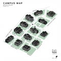Isometric campus map featuring multiple buildings labeled with fictional names.