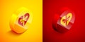 Isometric Candy in heart shaped box and bow icon isolated on orange and red background. Valentines Day. Circle button Royalty Free Stock Photo