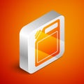 Isometric Canister for gasoline icon isolated on orange background. Diesel gas icon. Silver square button. Vector