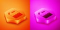 Isometric Canister for gasoline icon isolated on orange and pink background. Diesel gas icon. Hexagon button. Vector