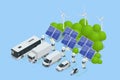 Isometric Car charger. Electromobile charging station. Car, bus, truck, van, motorcycle, on renewable solar wind energy