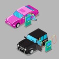 Isometric Car Cleaner Station. Driver Cleaning Car