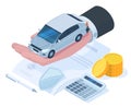 Isometric car protection insurance, money guarantee concept. Car insurance risk protection, auto insurance service Royalty Free Stock Photo