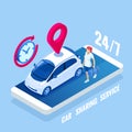Isometric Car Rental concept. Selling, leasing or renting car service. Vehicle rental and purchase. Used cars app.
