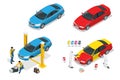 Isometric car repair maintenance autoservice center garage and car service concept. Technicians replace vehicle part Royalty Free Stock Photo