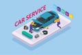 Isometric car repair maintenance autoservice center garage and car service concept. Technicians replace vehicle part Royalty Free Stock Photo
