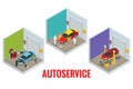 Isometric car repair maintenance autoservice center garage and car service concept. Technicians replace vehicle part Royalty Free Stock Photo