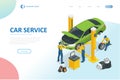 Isometric car repair maintenance autoservice center garage and car service concept. Technicians replace vehicle part Royalty Free Stock Photo