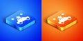 Isometric Car sharing icon isolated on blue and orange background. Carsharing sign. Transport renting service concept