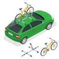 Isometric car is transporting bicycles on the roof. Bike transportation. Flat style vector illustration isolated on