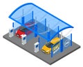 Isometric Car washing service. Innovative self-service car wash. Man worker washing car 24h self-service.